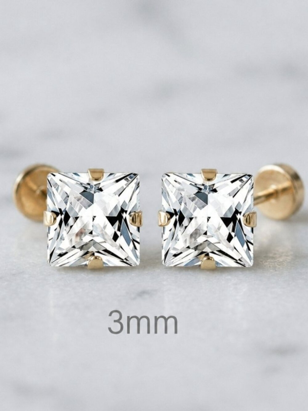 14kt Gold Plated 3mm Princess Cut Flat-Backs Earrings
